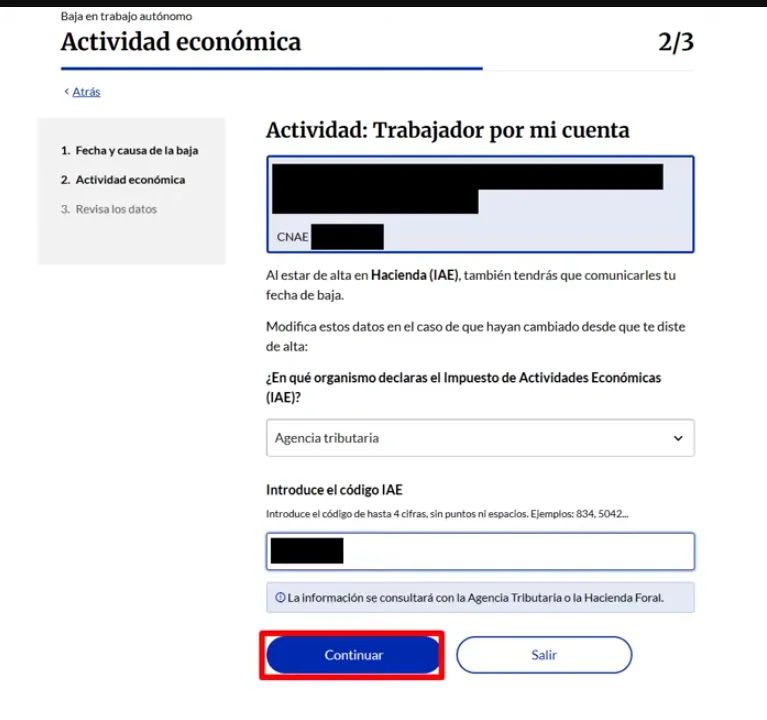Pantalla d'Importass per revisar l'organisme i el codi IAE de l'activitat econòmica en tramitar la baixa