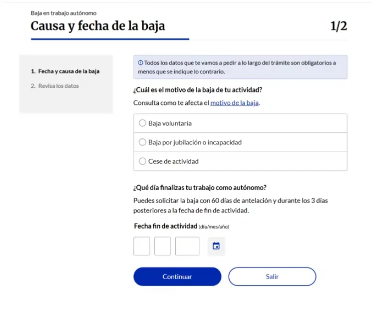 Formulari d'Importass per indicar la causa i la data de fi d'activitat en tramitar la baixa d'autònom