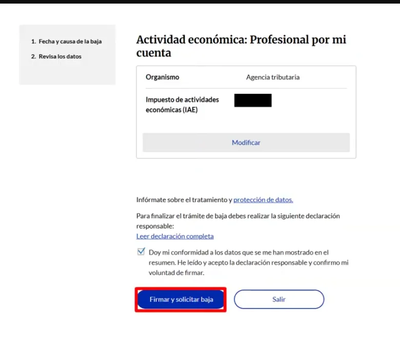 Pantalla final d'Importass amb el resum de la baixa i el botó Firmar i sol·licitar baixa