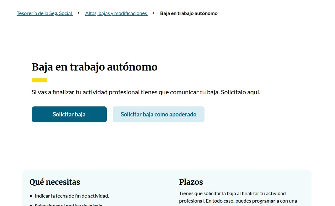 Pàgina d'Importass per tramitar la baixa en treball autònom, amb els botons Sol·licitar baixa i Sol·licitar baixa com a apoderat