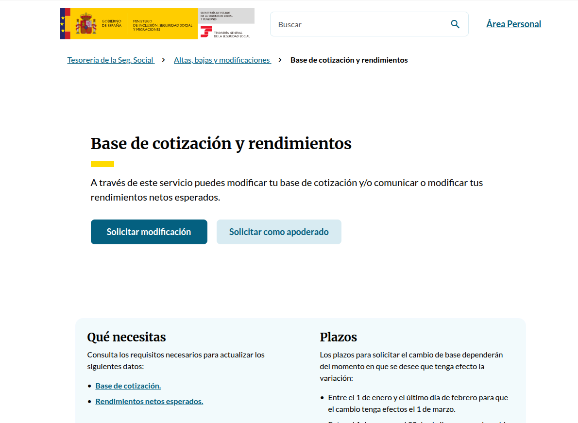 Pantalla de Importass para modificar la base de cotización y los rendimientos netos