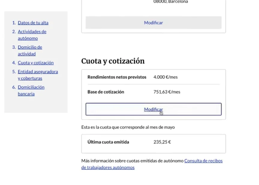 Sección Cuota y cotización del área personal de Importass con el botón Modificar