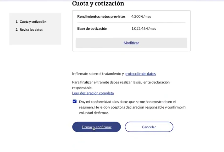 Pantalla final de Importass para firmar y confirmar el cambio de base de cotización