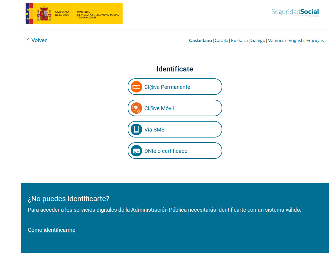 Pantalla de identificación de Importass con las opciones Cl@ve Permanente, Cl@ve Móvil, vía SMS y DNIe o certificado