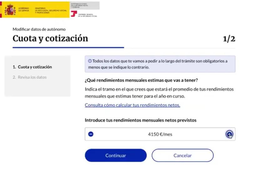 Formulario de Importass para introducir los rendimientos mensuales netos previstos